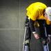 Neil Sauter, 29, of Blissfield, straps himself into his metal stilts. Sauter made a few safety modifications to the stilts after falling nine times after a similar long distance walk. Melanie Maxwell I AnnArbor.com